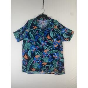 Disney Stitch Shirt Mens Large Blue Hawaiian Short Sleeve Button Up Rayon Casual